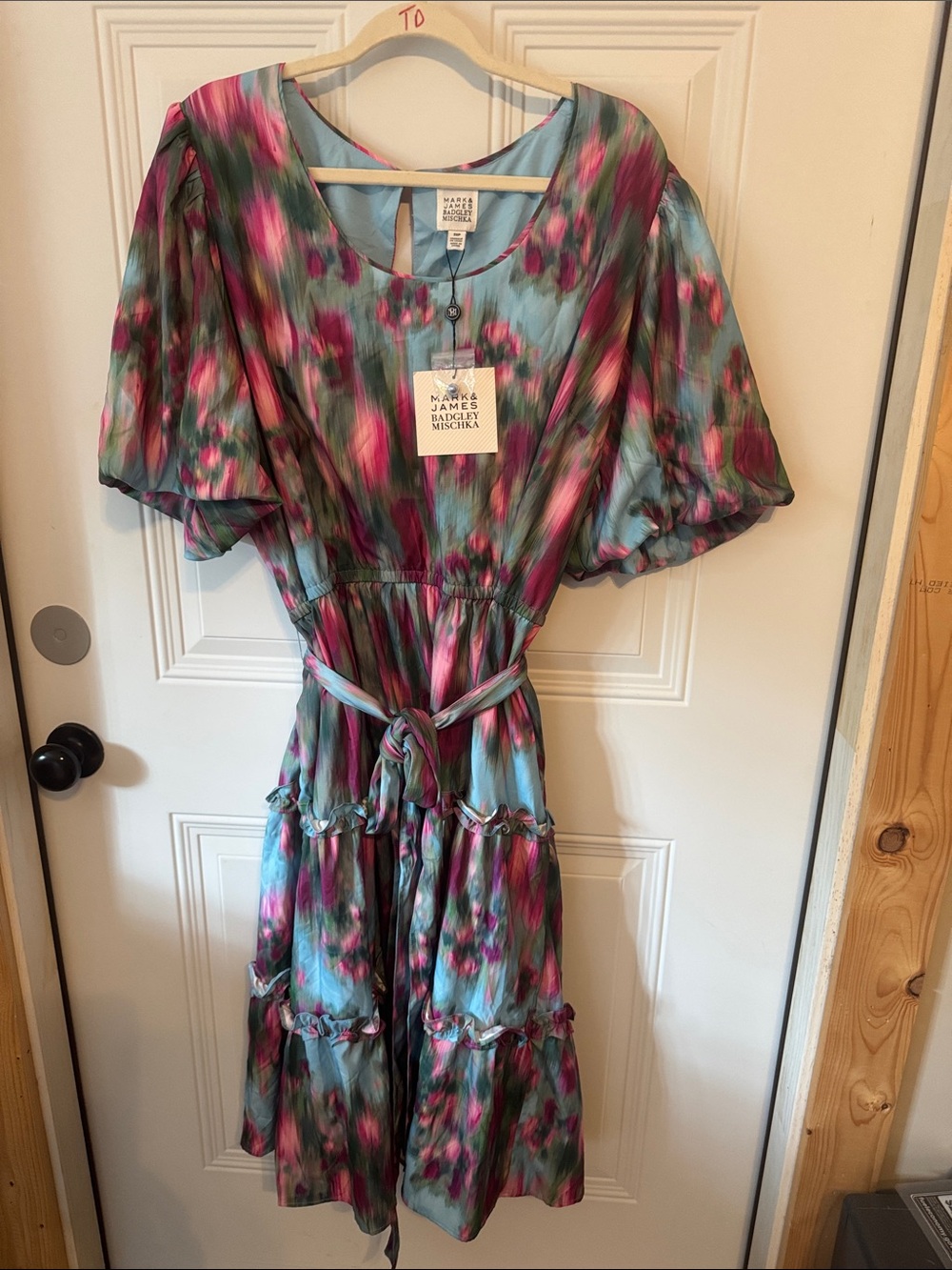 Mark & James Badgley Mischka Teal, Pink & Green Floral Midi Dress